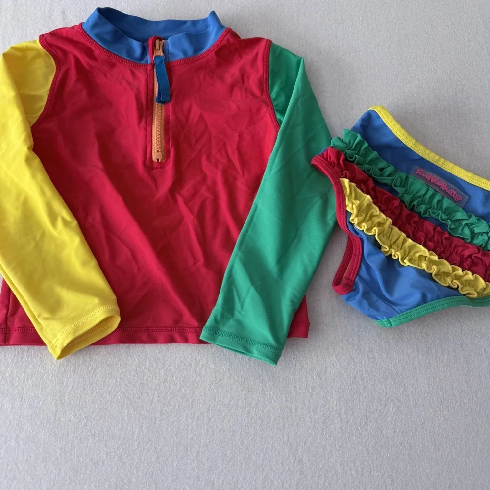 RuffleButts Rash Guard Swimsuit Kids 4T Colorblock Ruffle 2 Piece Set Primary